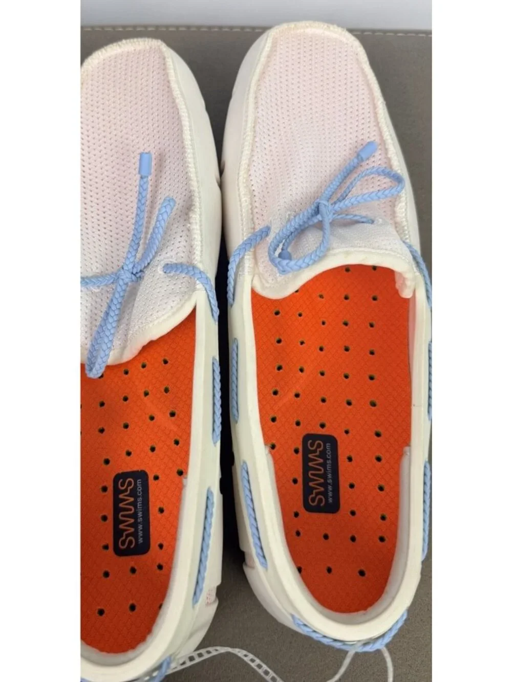 Swims Men's White Mesh Boat Shoes with Light Blue Laces and Orange Insoles